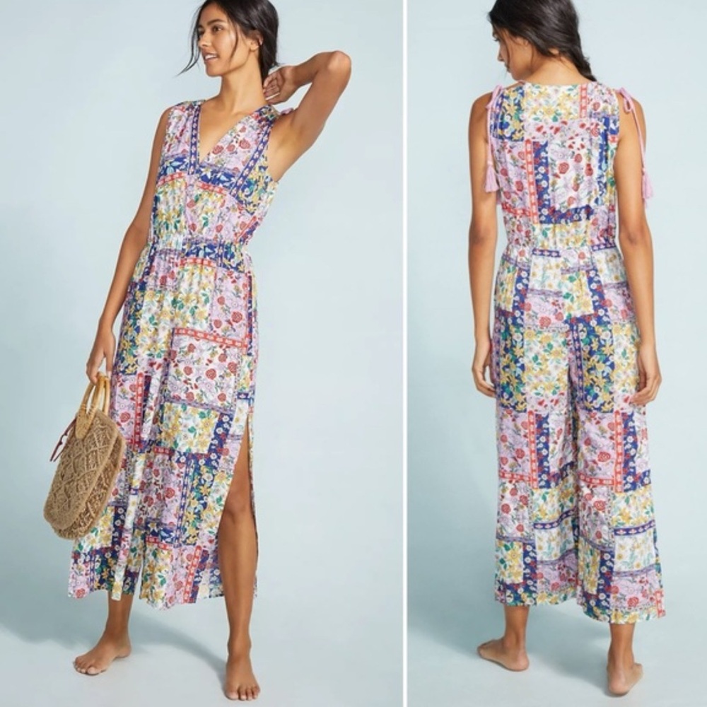 NWOT Anthropologie Patchwork Jumpsuit Slit Legs Size L